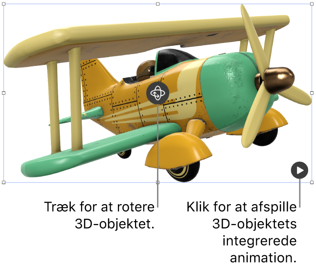 Et 3D-objekt med knappen Roter i midten af objektet og knappen Afspil i det nederste højre hjørne.