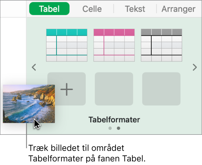 Et billede trækkes til tabelformaterne for at oprette et nyt format.