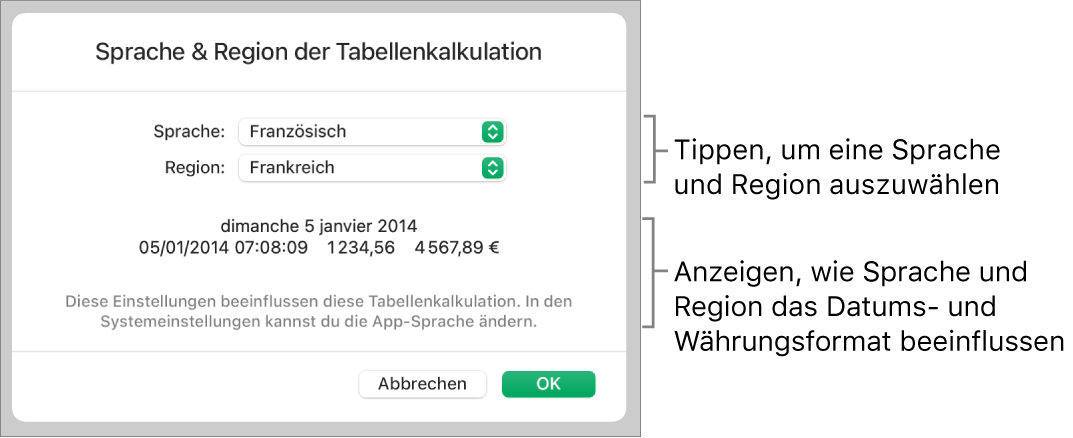 Das Fenster „Sprache & Region“ mit Einblendmenüs für Sprache und Region sowie einem Formatierungsbeispiel für Datum, Uhrzeit, Dezimalstellen und Währung.