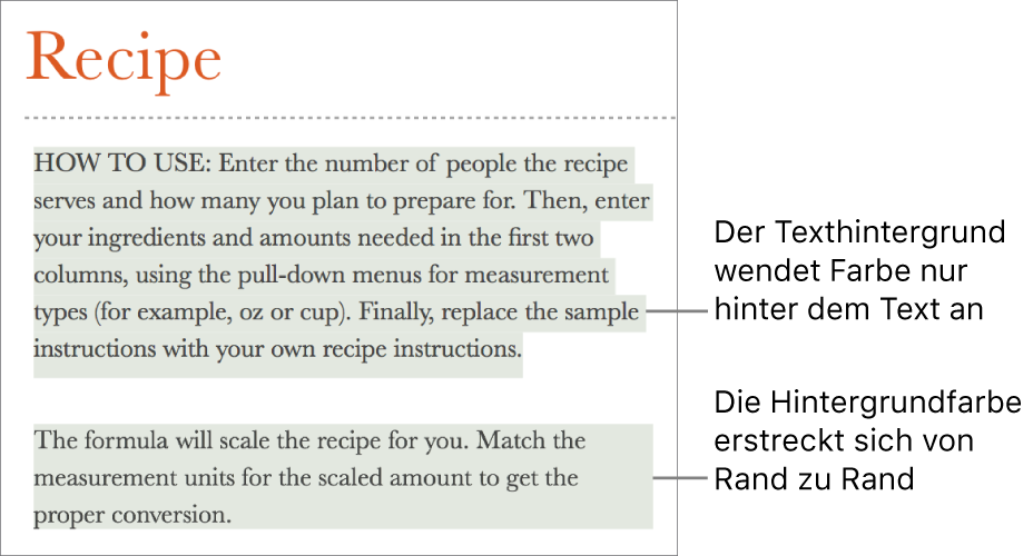 Ein Absatz, bei dem nur der Text farblich hervorgehoben ist, und ein zweiter Absatz, bei dem die farbliche Hervorhebung in einem Block von Rand zu Rand reicht.