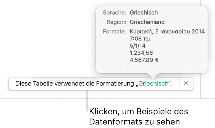 Die Mitteilung zur anderen Sprache und Region mit Beispielen der Formatierung in dieser Sprache und Region.