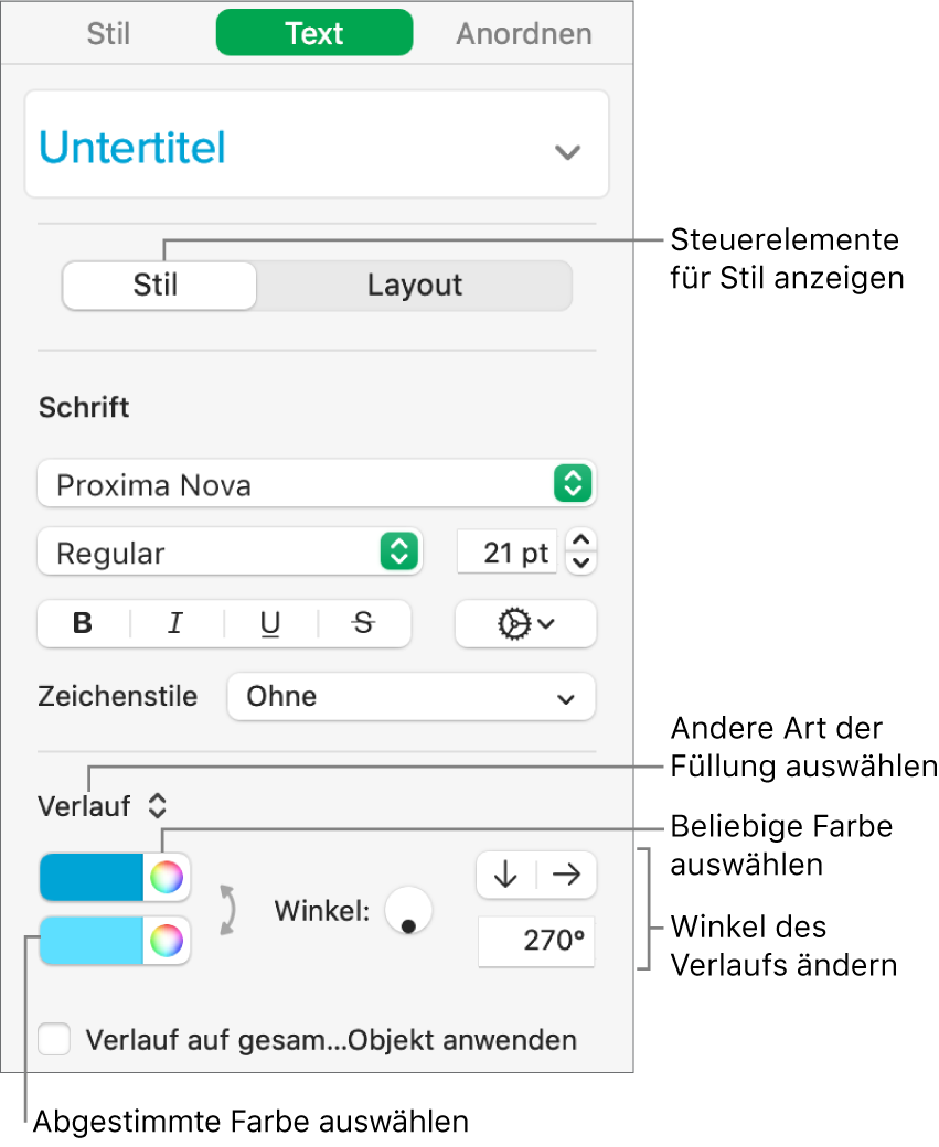 Seitenleiste „Text“, die zeigt, wie die Farbe des Texts geändert wird.