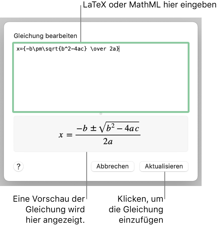 Im Dialogfenster „Gleichung bearbeiten“ wird die quadratische Formel angezeigt, die mit LaTeX in das Feld „Gleichung bearbeiten“ geschrieben wurde, darunter wird eine Vorschau der Formel angezeigt.