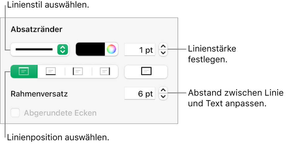 Steuerelemente, um Stil, Stärke, Position und Farbe der Linie zu ändern.