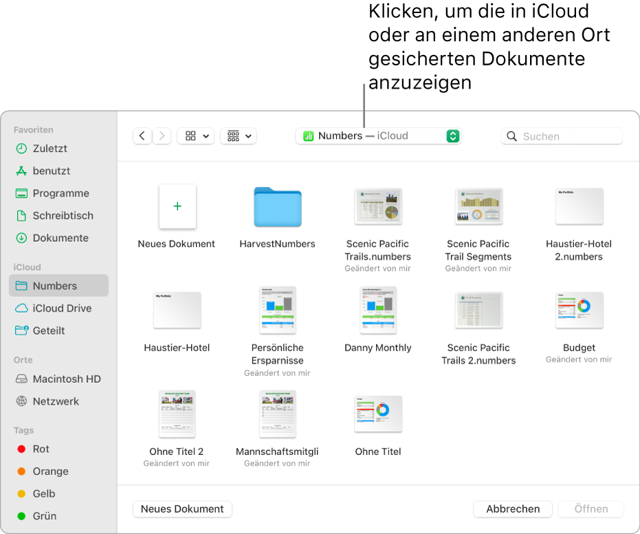 Das Dialogfenster „Öffnen“ mit der geöffneten Seitenleiste links und dem Einblendmenü oben, in dem iCloud Drive ausgewählt ist. Im Dialogfenster werden die Ordner für Keynote, Numbers und Pages und die Taste „Neues Dokument“ angezeigt.