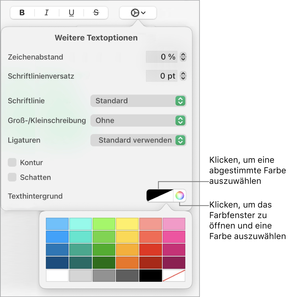 Steuerelemente zum Auswählen einer Füllfarbe für Zeichen.