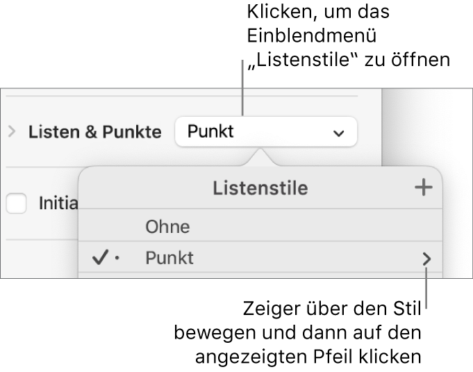 Das Einblendmenü „Listenstile“ mit einem ausgewählten Stil und einem zugehörigen Pfeil ganz rechts