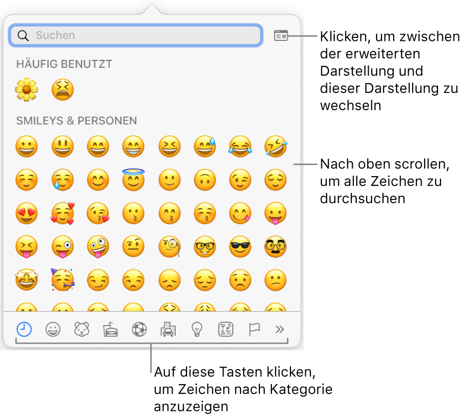 Das Einblendmenü „Sonderzeichen“ mit Emoticons, Tasten für die unterschiedlichen Symbolarten am unteren Fensterrand und einer Beschreibung der Taste, mit der das vollständige Fenster „Zeichen“ eingeblendet werden kann