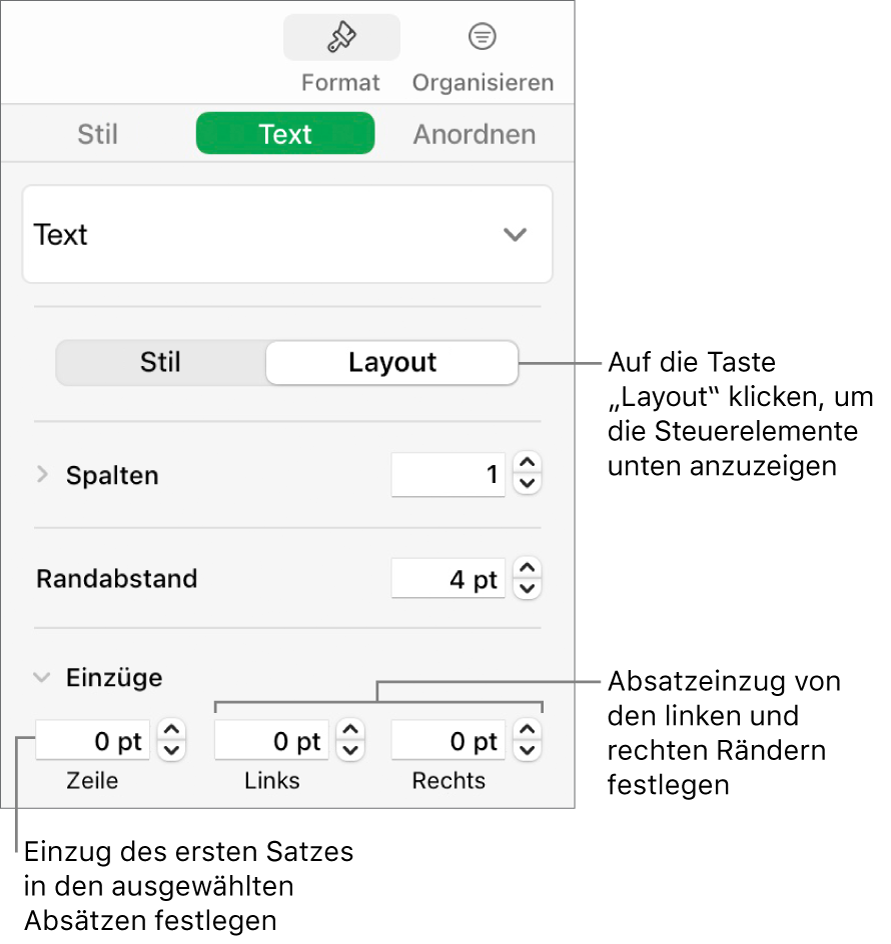 Der Abschnitt „Layout“ der Seitenleiste „Format“ mit Steuerelementen zum Festlegen des Einzugs der ersten Zeile und der Absatzränder.