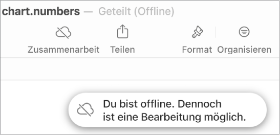 Ein Hinweis auf dem Bildschirm besagt, dass du offline bist, aber weiterhin arbeiten kannst.