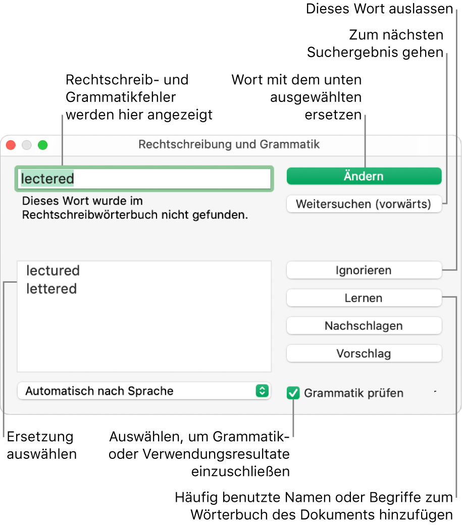 Das Fenster „Rechtschreibung und Grammatik“