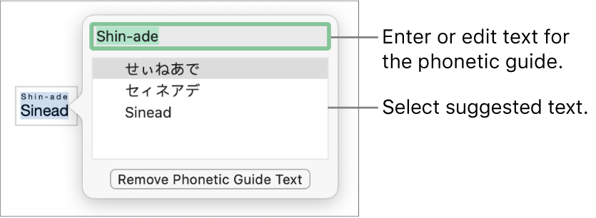 The phonetic guide open for a word, with call outs to the text field and suggested text.