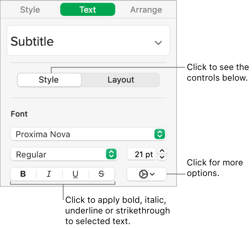 The Style controls in the sidebar with callouts to the Bold, Italic, Underline and Strikethrough buttons.