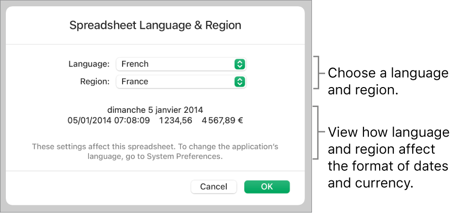 Language and Region pane with controls for language and region, and a format example including date, time, decimal and currency.