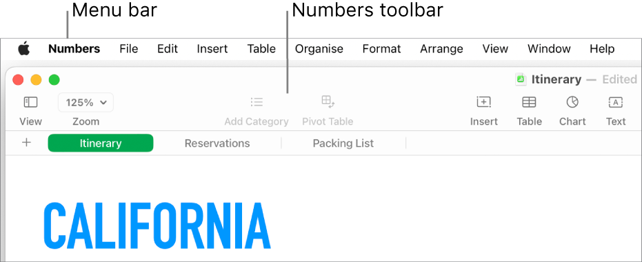 The menu bar at the top of the screen with Apple, Numbers, File, Edit, Insert, Table, Organise, Format, Arrange, View, Window and Help menus. Below the menu bar is an open Numbers spreadsheet with toolbar buttons across the top for View, Zoom, Add Category, Pivot Table, Insert, Table, Chart and Text.