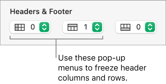 The pop-up menus for adding header and footer columns and rows to a table and for freezing header rows and columns.