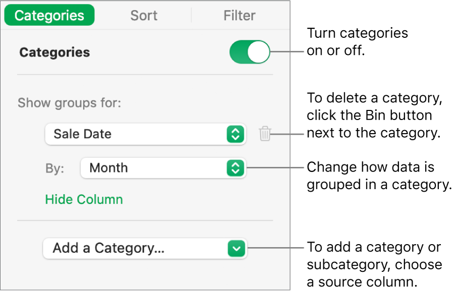 The categories sidebar with options for turning categories off, deleting categories, regrouping data, hiding a source column and adding categories.