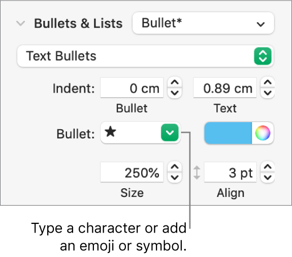 The Bullets & Lists section of the Format sidebar. The Bullet field shows a star emoji.