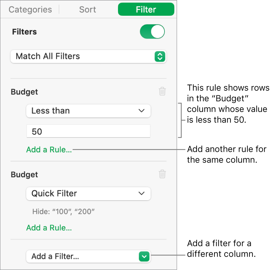 Controls for creating filtering rules.