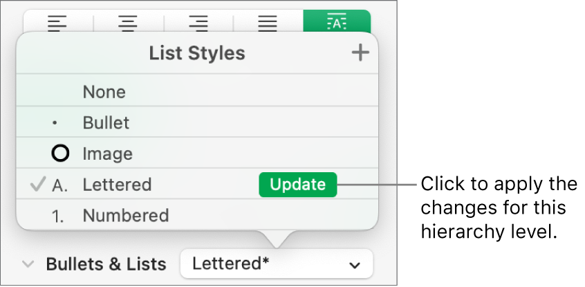 The List Styles pop-up menu with an Update button next to the name of the new style.