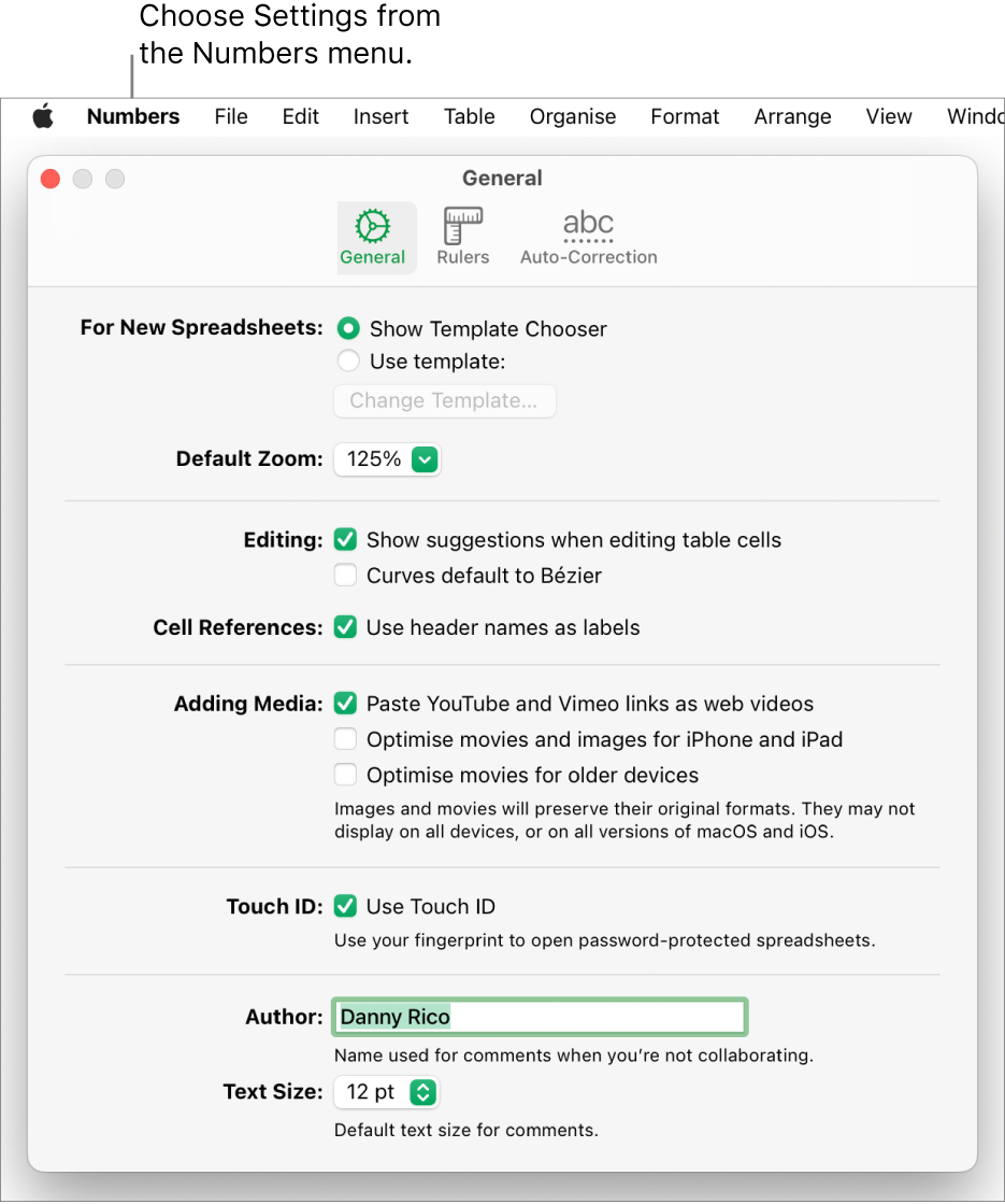 Numbers settings window open to the General pane, with settings for new spreadsheets, default zoom, editing, cell references, equations, adding media, Touch ID, author name and default text size.