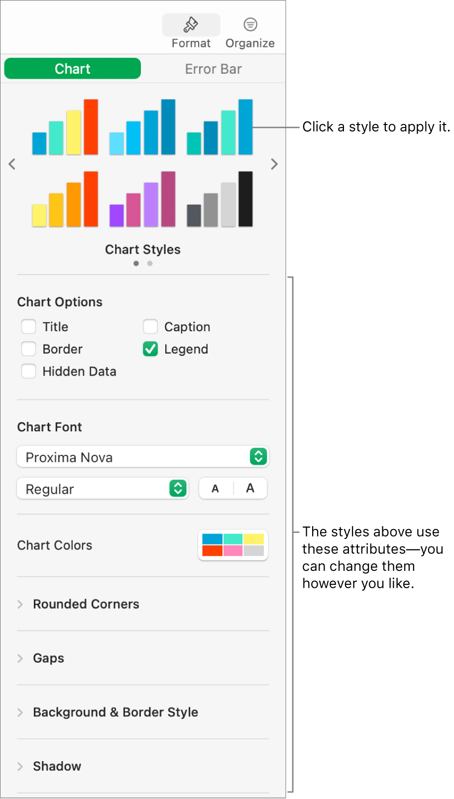 The Formatting sidebar showing the controls for formatting charts.