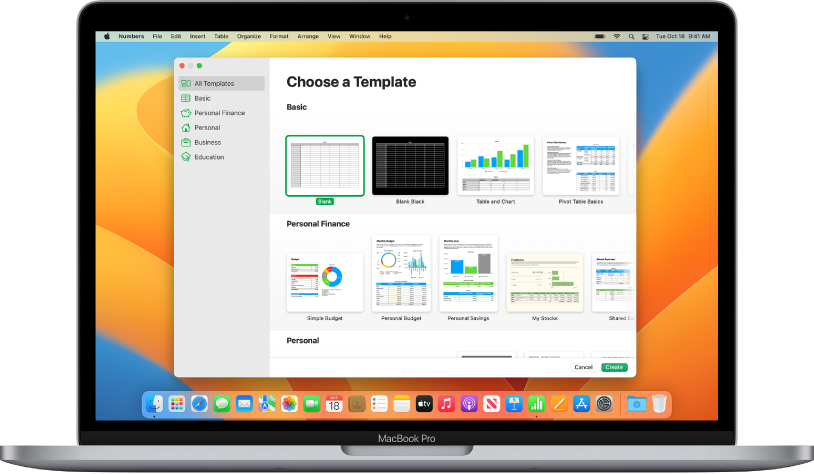 A MacBook Pro with the Numbers template chooser open on the screen. The All Templates category is selected on the left and predesigned templates appear on the right in rows by category.