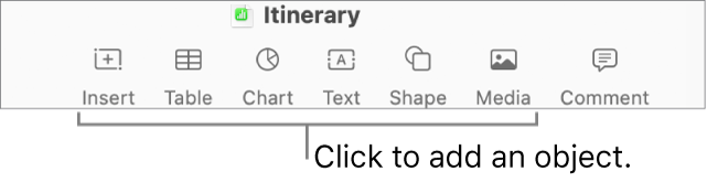 The Numbers window with callouts to the object buttons in the toolbar.