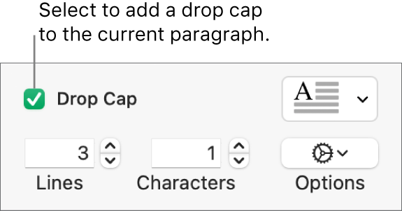 The Drop Cap checkbox is selected, and a pop-up menu appears to its right; controls for setting the line height, number of characters, and other options appear below it.