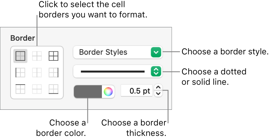 Controls for styling cell borders.