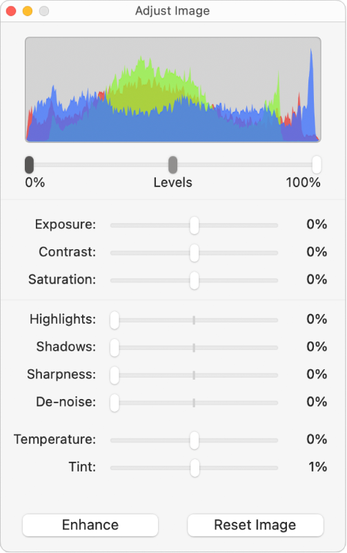 The Adjust Image window with sliders for setting exposure, contrast, saturation, highlights, shadows, sharpness, de-noise, temperature, and tint.