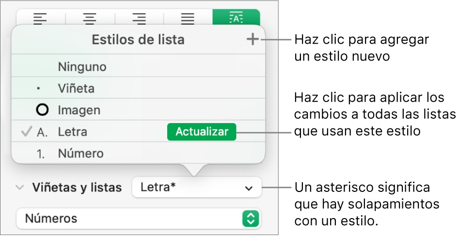 El menú desplegable Estilos de lista con un asterisco que indica una invalidación y globos al botón Nuevo estilo, así como un submenú de opciones para administrar estilos.