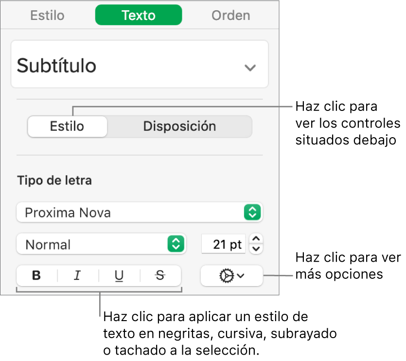 Los controles de estilo de la barra lateral con texto que indica los botones Negrita, Cursiva, Subrayado y Tachado.