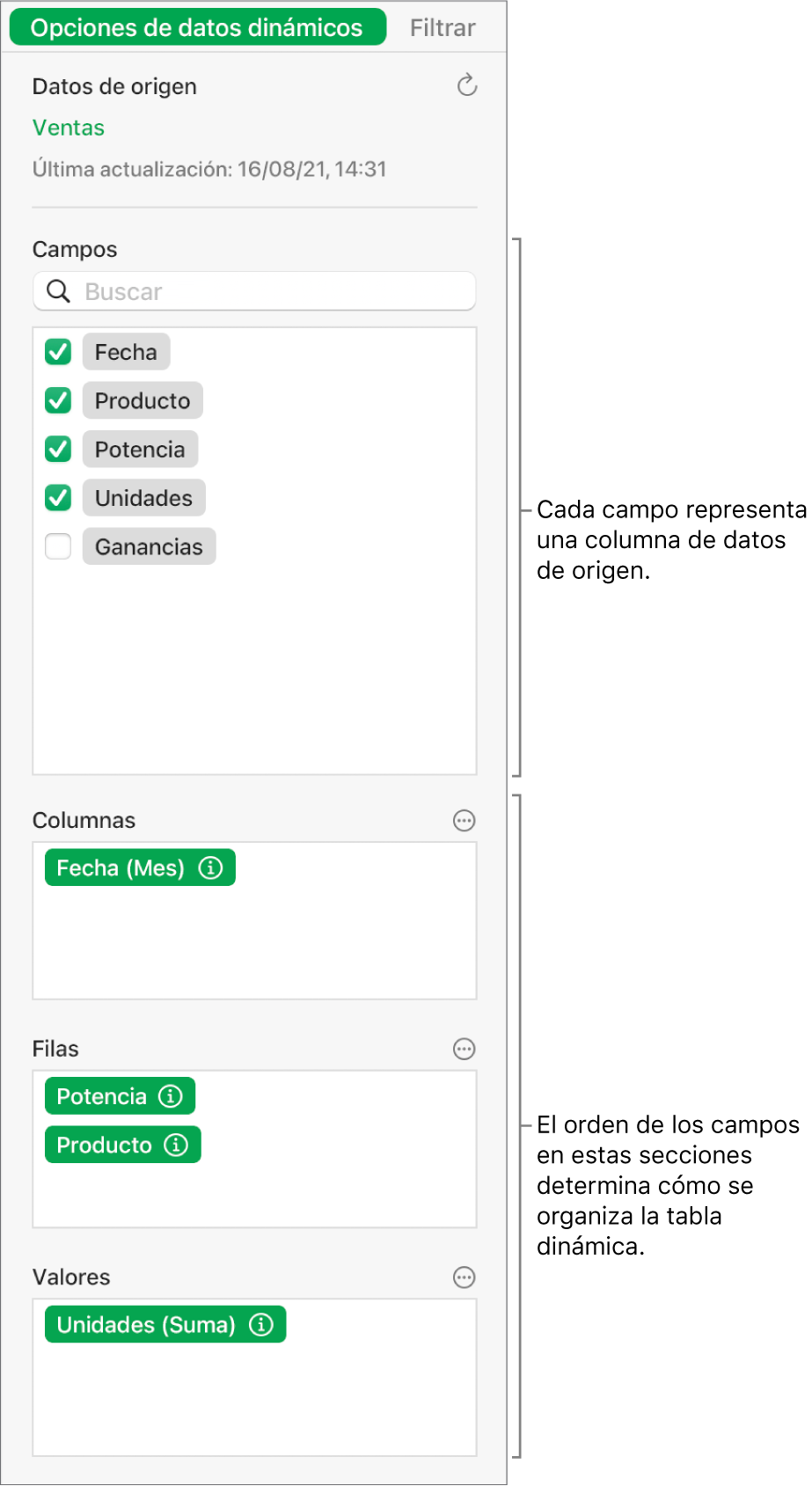 La pestaña Opciones de datos dinámicos en la barra lateral Organizar mostrando los campos de las secciones Columnas, Filas y Valores, así como los controles para editar los campos y actualizar la tabla dinámica.