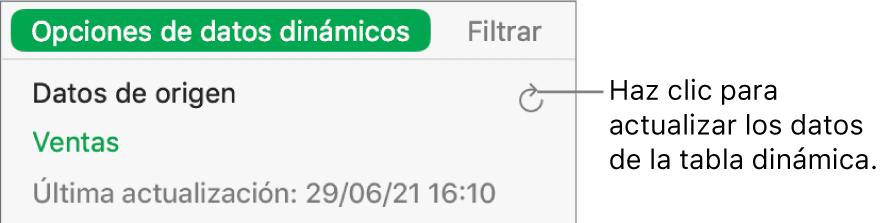 La pestaña Opciones de datos dinámicos mostrando la opción de actualizar la tabla dinámica.