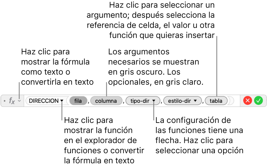 Editor de fórmulas con la función DIRECCION y sus identificadores de argumentos.