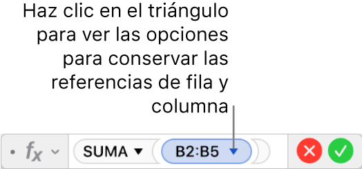 El editor de fórmulas mostrando cómo conservar la fila y la columna de una referencia de intervalo.