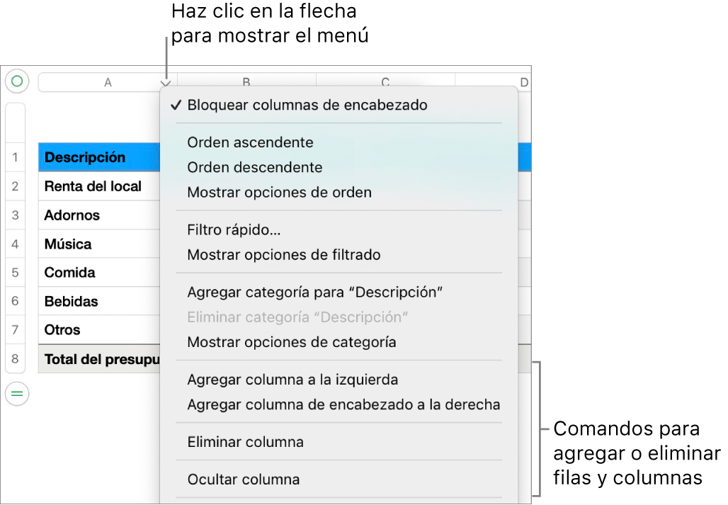 El menú de columna de tabla con comandos para agregar o eliminar filas y columnas.