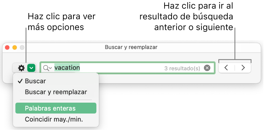 La ventana Buscar y reemplazar con un mensaje en el menú desplegable mostrando las opciones Buscar, Buscar y reemplazar, Reemplazar, Palabras enteras y Coincidir may./min. Las flechas ubicadas a la derecha permiten ir al resultado anterior o al siguiente.