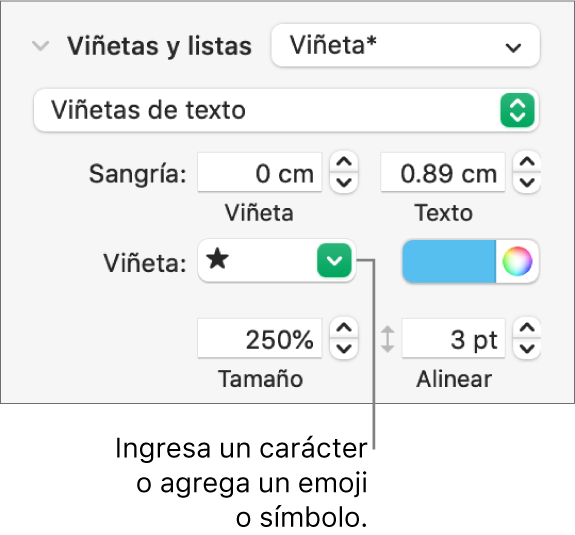 La sección Viñetas y listas de la barra lateral Formato. El campo Viñetas muestra un emoji de estrella.