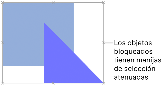 Objetos bloqueados con manijas de selección atenuadas.