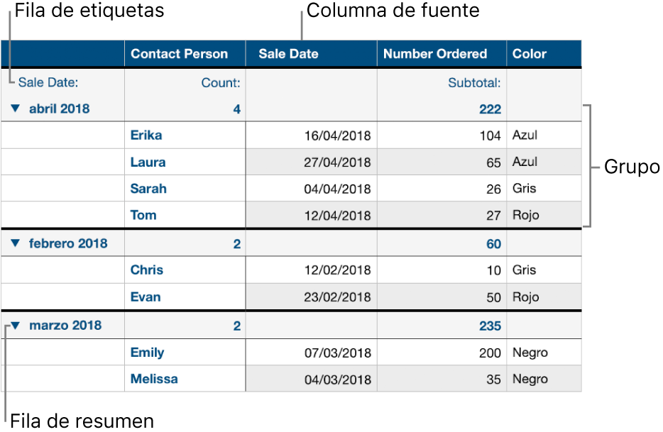 Una tabla categorizada mostrando la columna origen, los grupos, la fila resumen y la fila etiqueta.