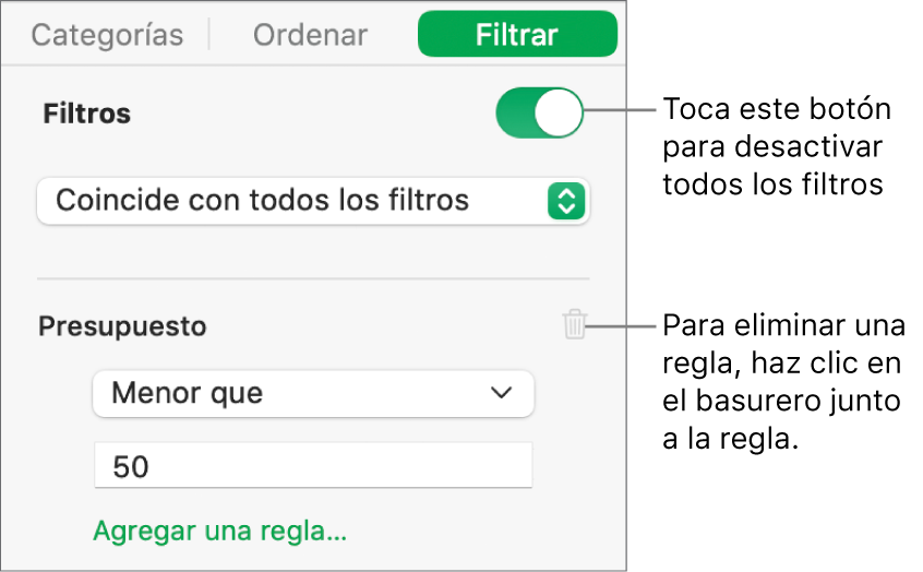 Controles para eliminar un filtro o desactivar todos los filtros.