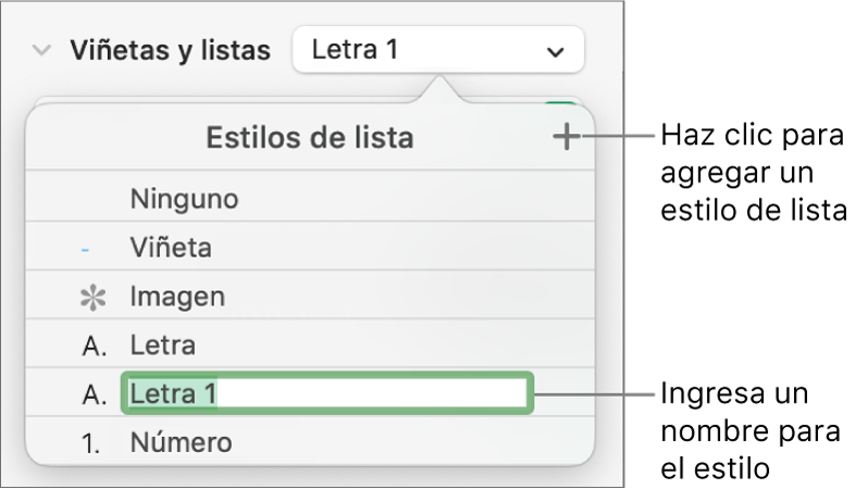 El menú desplegable Estilos de lista con el botón Agregar en la esquina superior derecha y un nombre de estilo de marcador de posición con su texto seleccionado.