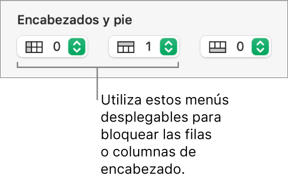 Menús desplegables para agregar columnas y filas de encabezado y pie de página a una tabla y para congelar columnas y filas de encabezado.