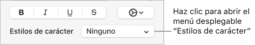El menú desplegable Estilos de carácter.