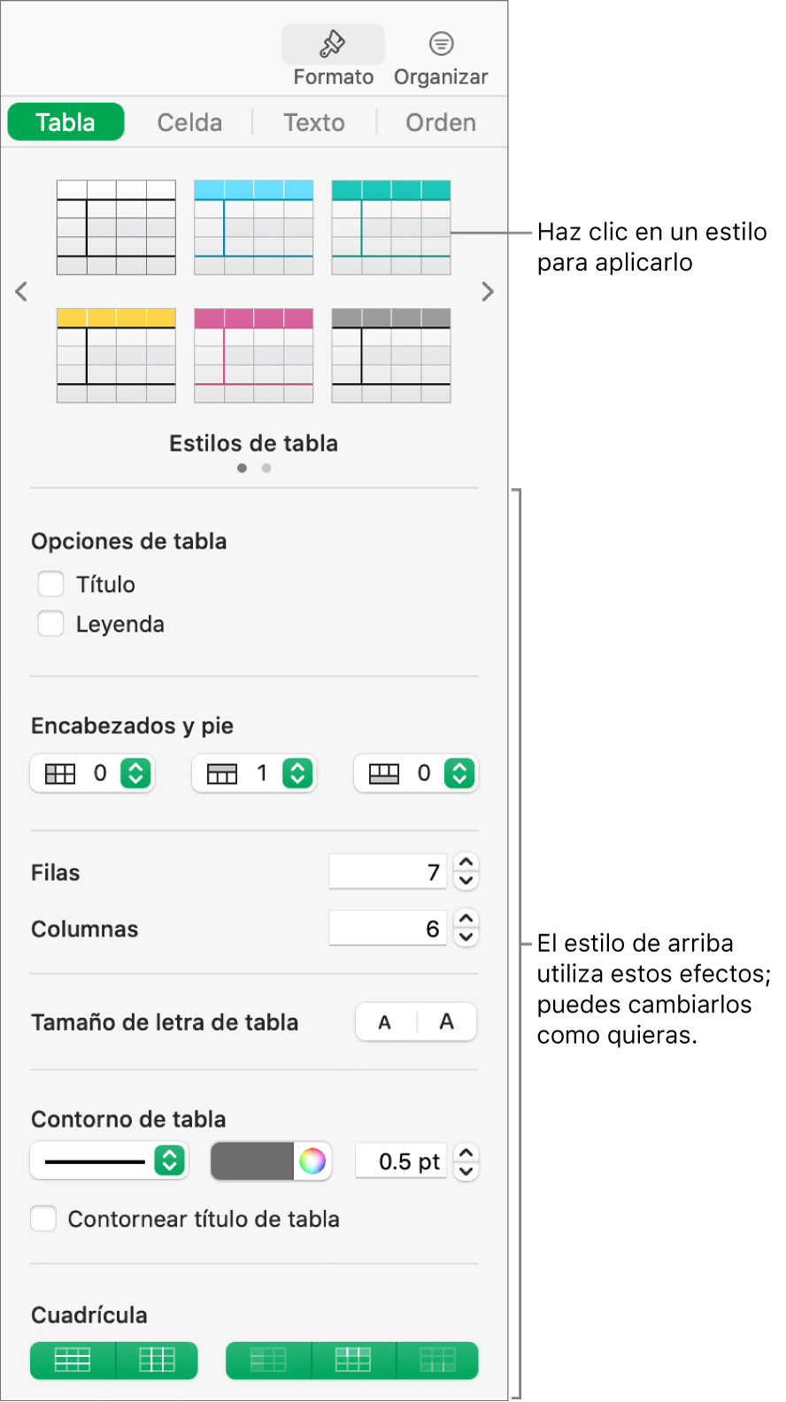 La barra lateral Formato con estilos de tabla y opciones de formato.