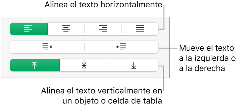 Sección Alineación de la barra lateral Formato con llamadas a los botones de alineación de texto.