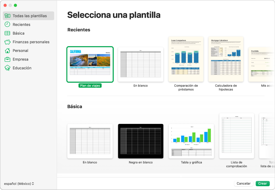 El selector de plantilla. A la izquierda aparece una barra lateral que muestra categorías de plantillas en las que puedes hacer clic para filtrar las opciones. A la derecha, organizadas en filas por categoría, aparecen miniaturas de las plantillas prediseñadas, comenzando con la categoría Recientes en la parte superior, seguida por las categorías Básicas y Finanzas personales. El menú desplegable Idioma y región se encuentra en la esquina inferior izquierda, y los botones Cancelar y Crear se encuentran en la esquina inferior derecha.