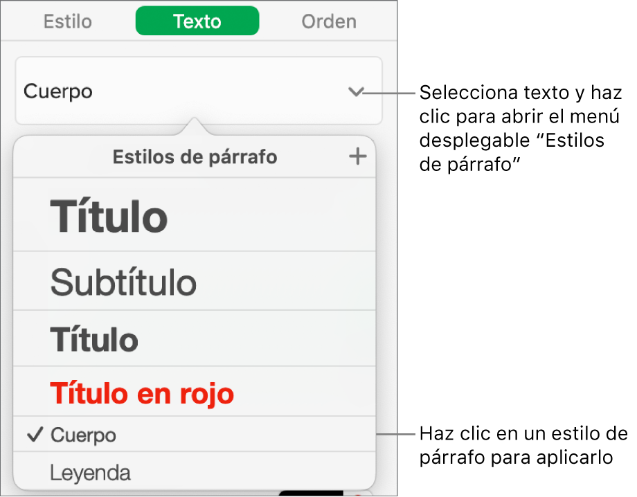 El menú Estilos de párrafo con una marca de verificación junto al estilo seleccionado.